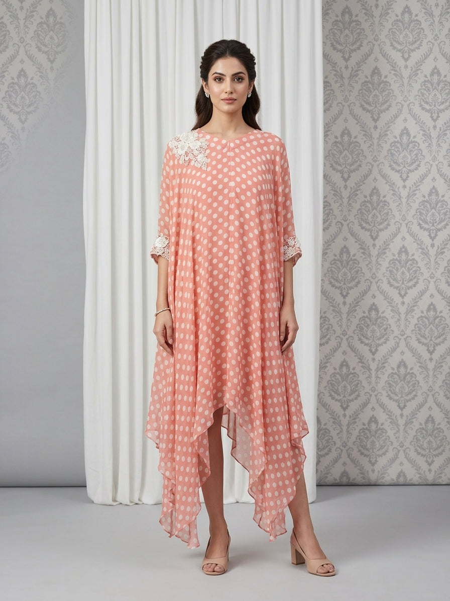 Peach Polka Embellished Georgette Kaftan Tunic