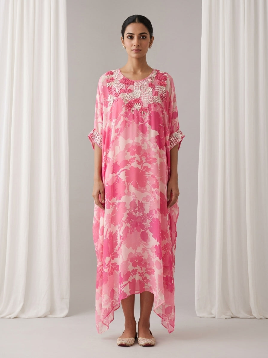 Pink Rose Printed Georgette Kaftan Tunic