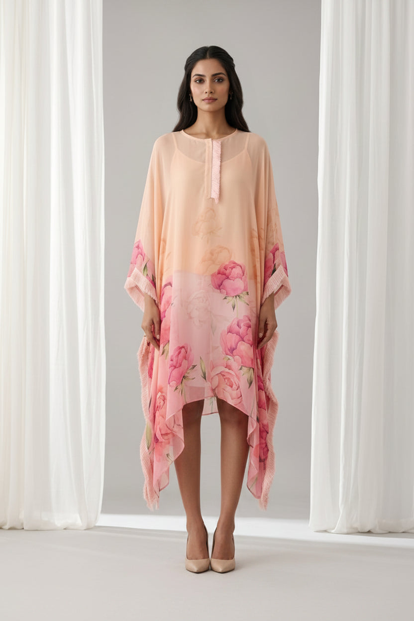 Peach Floral Printed Georgette Kaftan Tunic