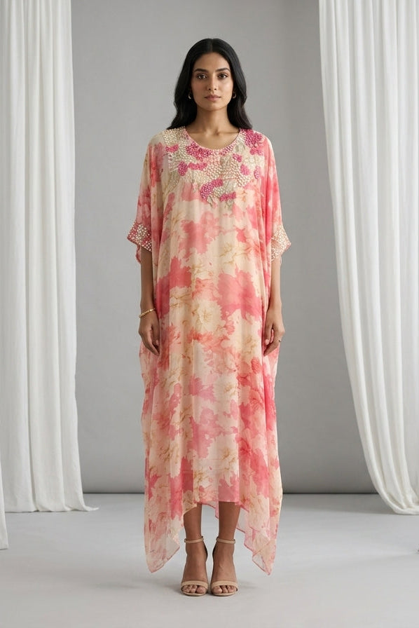 Coral Pink Embellished Georgette Kaftan Tunic