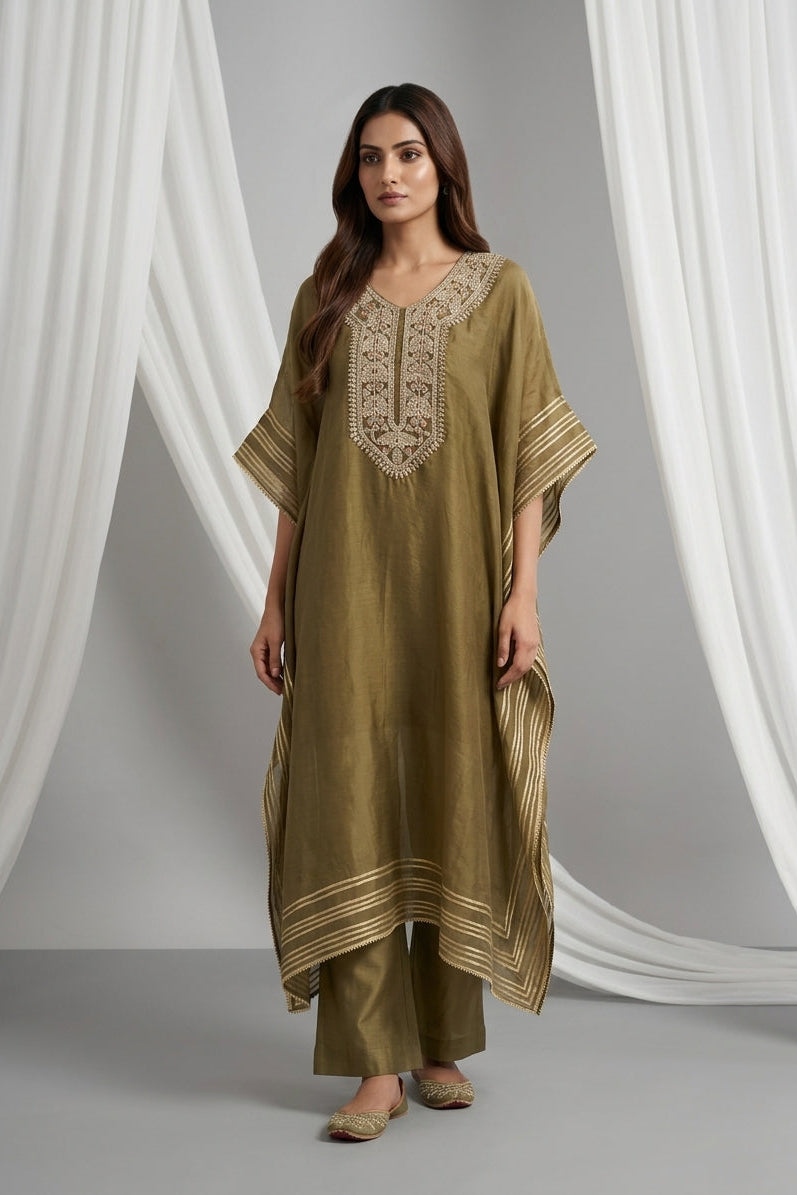 Olive Embroidered Organza Kaftan Tunic