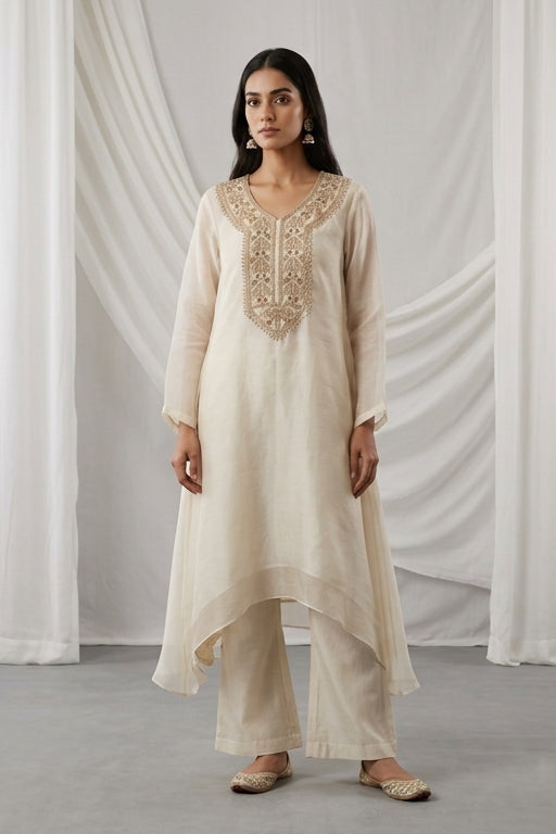 Ivory Embroidered Organza Kaftan Tunic