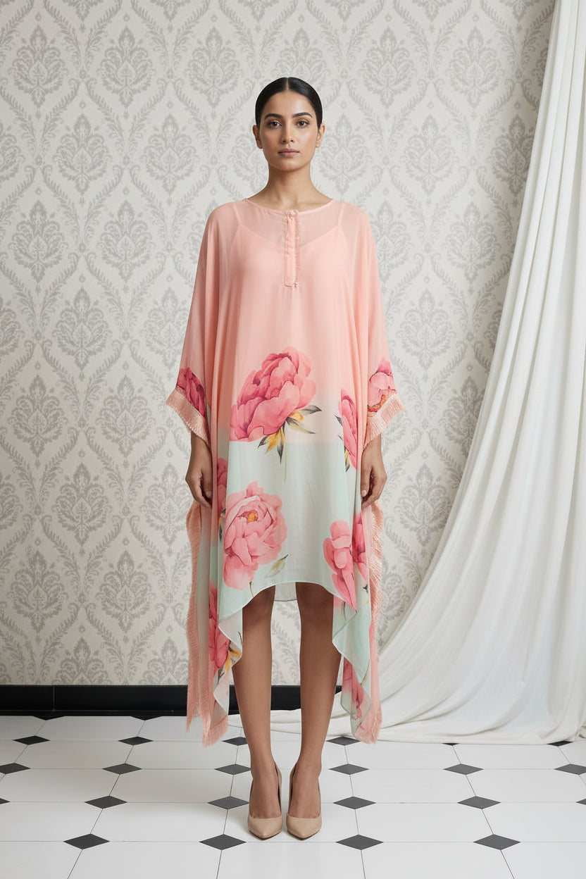 Peach Blush Printed Georgette Kaftan Tunic