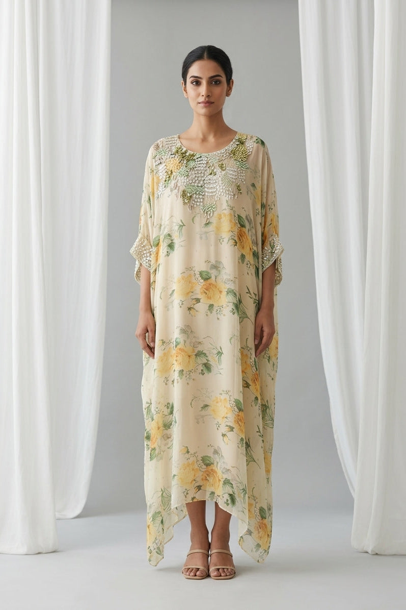 Butter Yellow Embellished Georgette Kaftan Tunic
