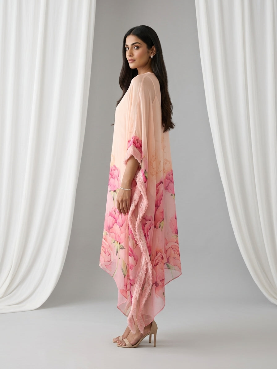 Peach Floral Printed Georgette Kaftan Tunic