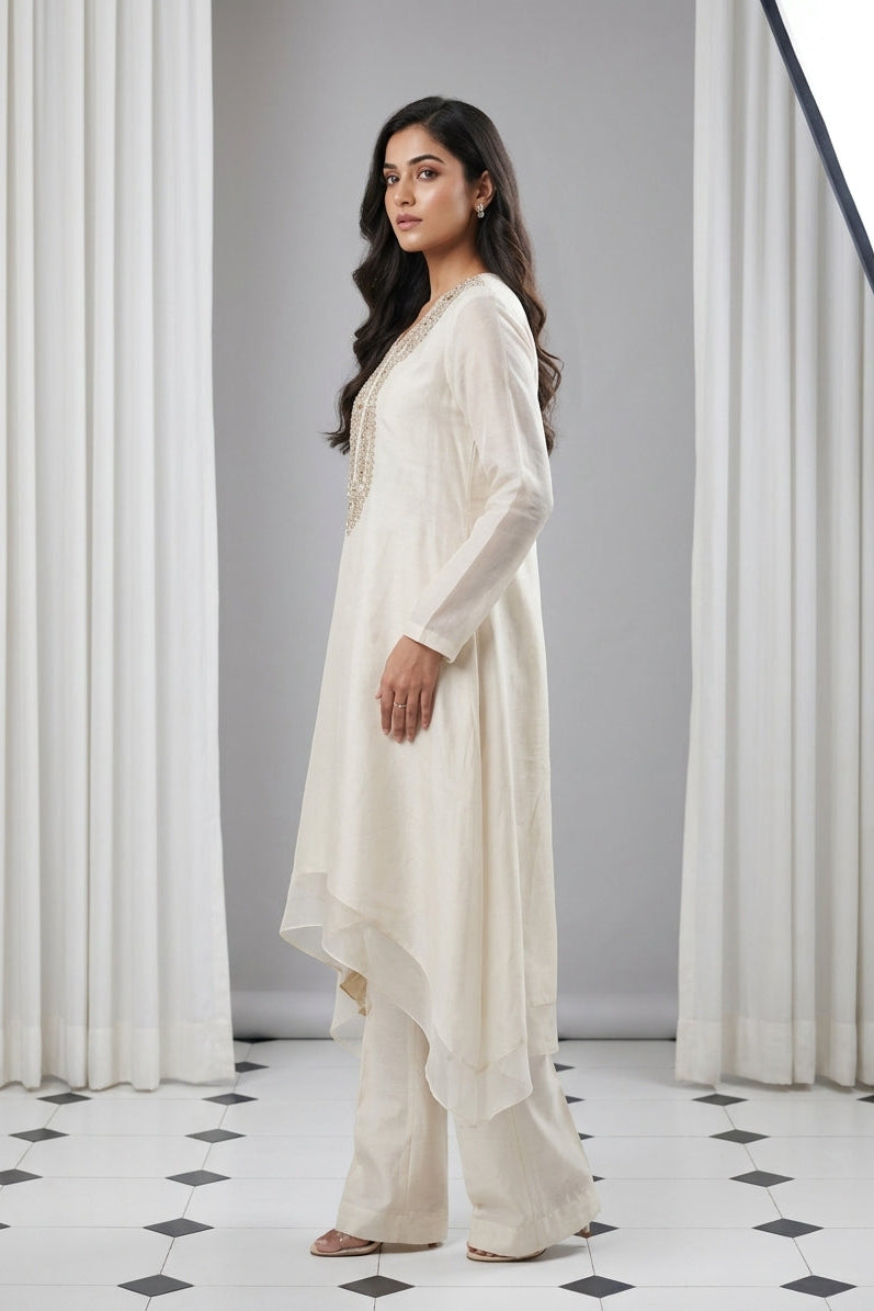 Ivory Embroidered Organza Kaftan Tunic