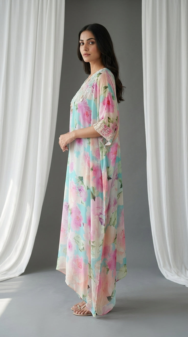 Aqua Blue Embellished Georgette Kaftan Tunic