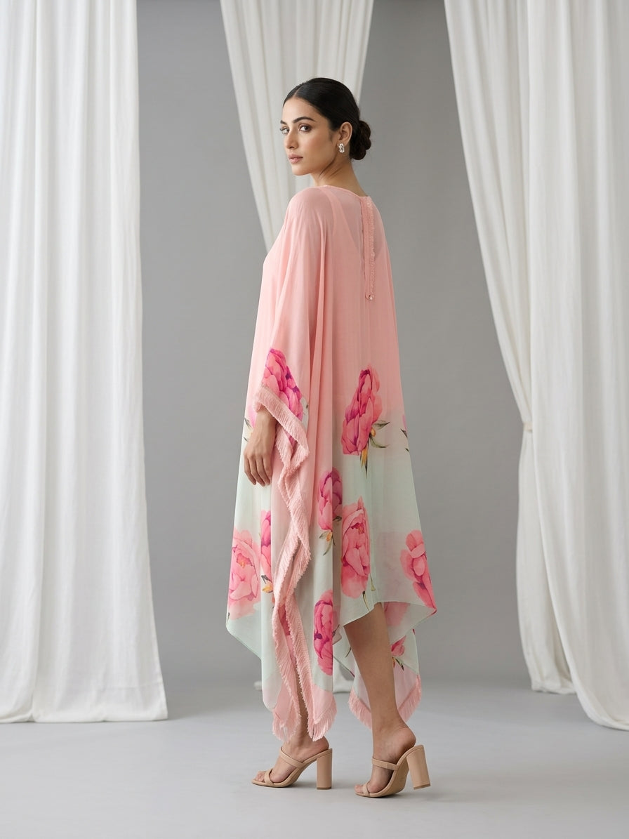 Peach Blush Printed Georgette Kaftan Tunic