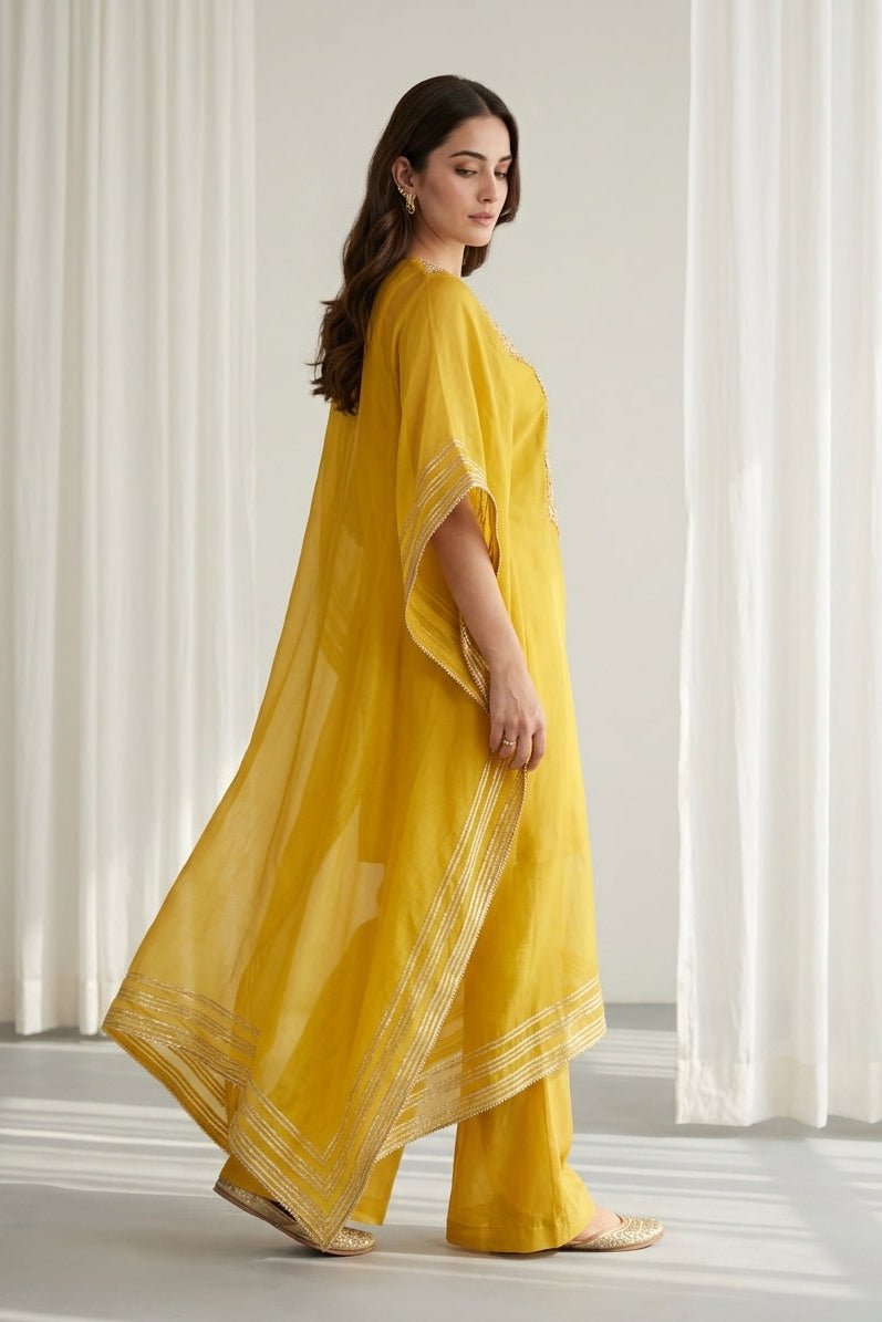 Canary Yellow Embroidered Organza Kaftan Tunic