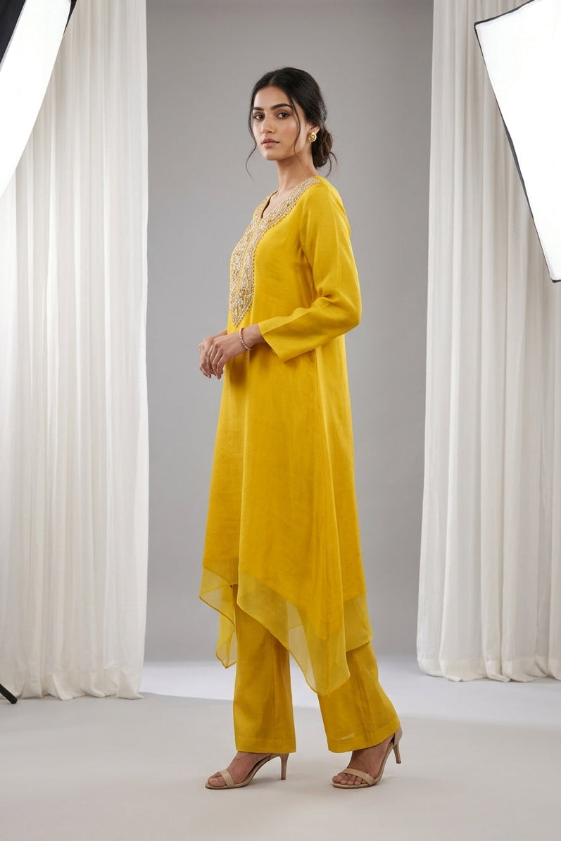 Bright Yellow Embroidered Organza Kurta Tunic