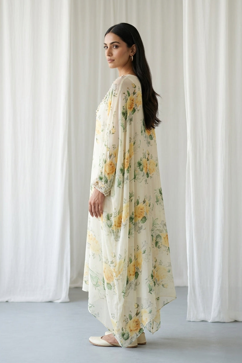 Ivory Yellow Embellished Georgette Kaftan Tunic