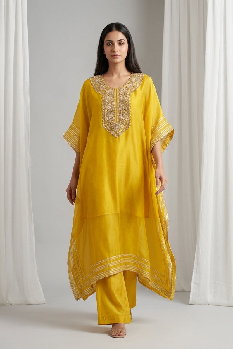 Canary Yellow Embroidered Organza Kaftan Tunic