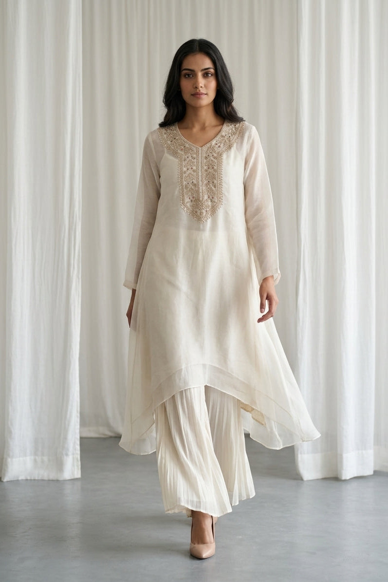 Ivory Embroidered Organza Kaftan Tunic