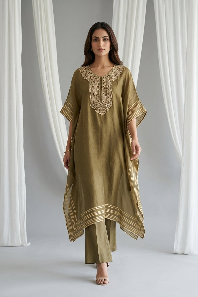 Olive Embroidered Organza Kaftan Tunic