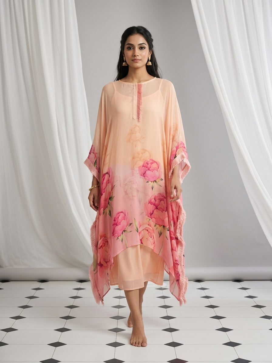 Peach Floral Printed Georgette Kaftan Tunic