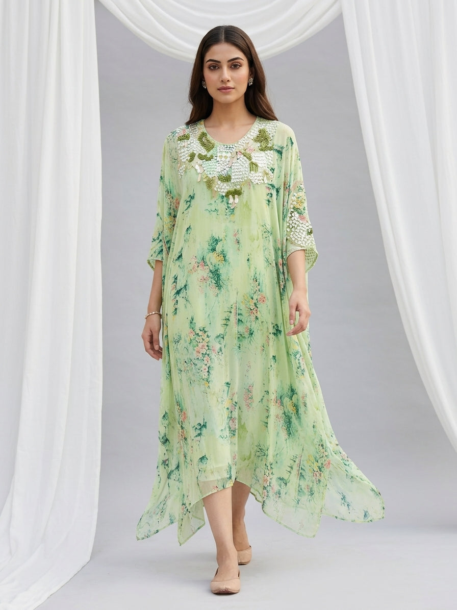 Mint Green Printed Georgette Kaftan Tunic