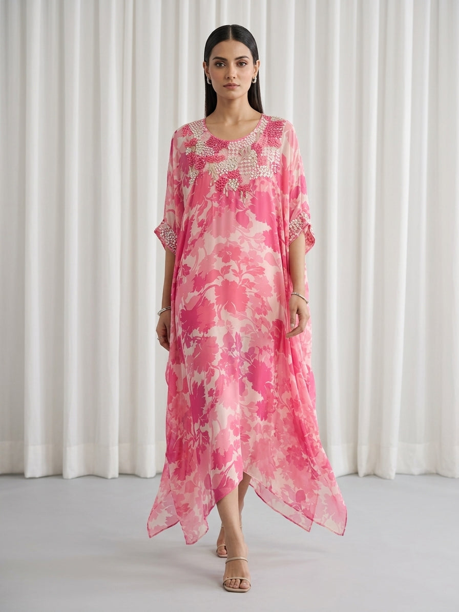 Pink Rose Printed Georgette Kaftan Tunic