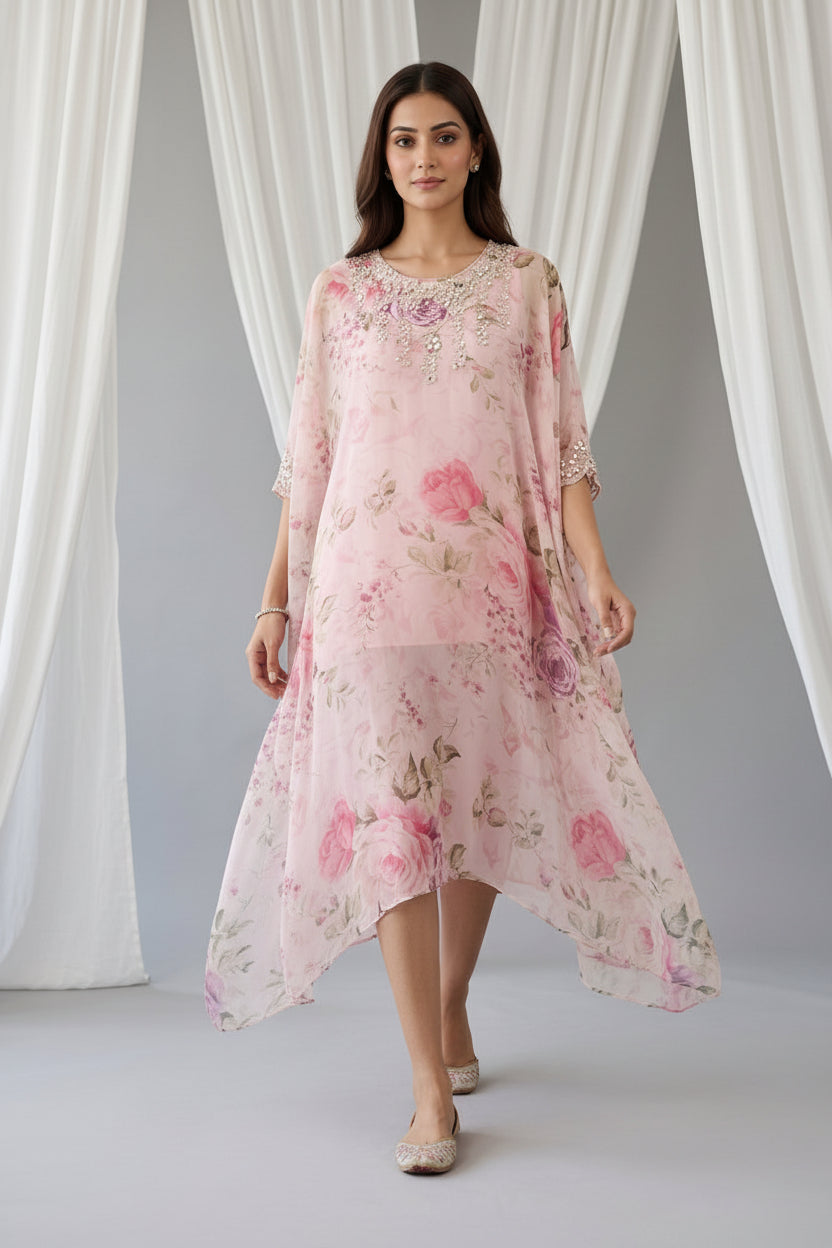 Light Pink Embellished Georgette Kaftan Tunic