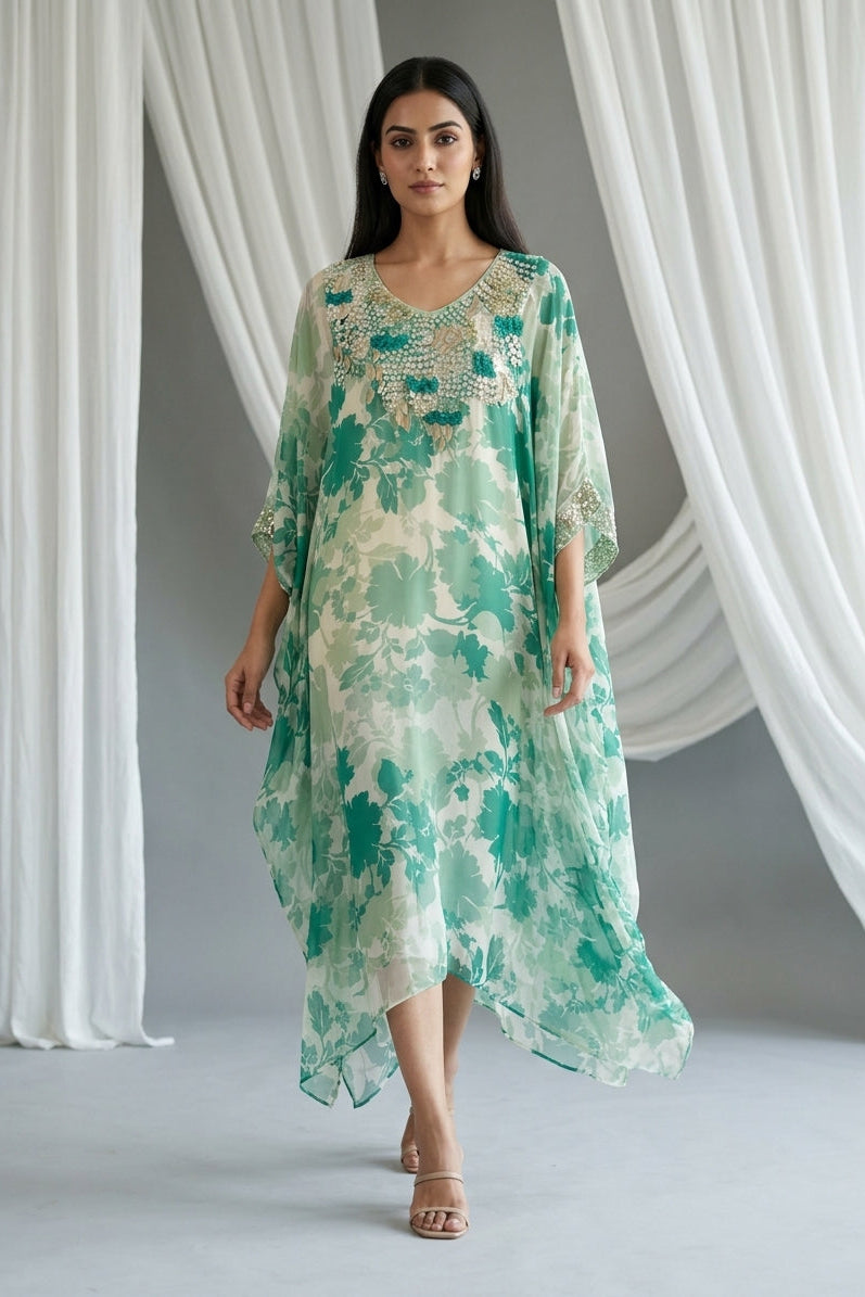 Mint Teal Embellished Georgette Kaftan Tunic