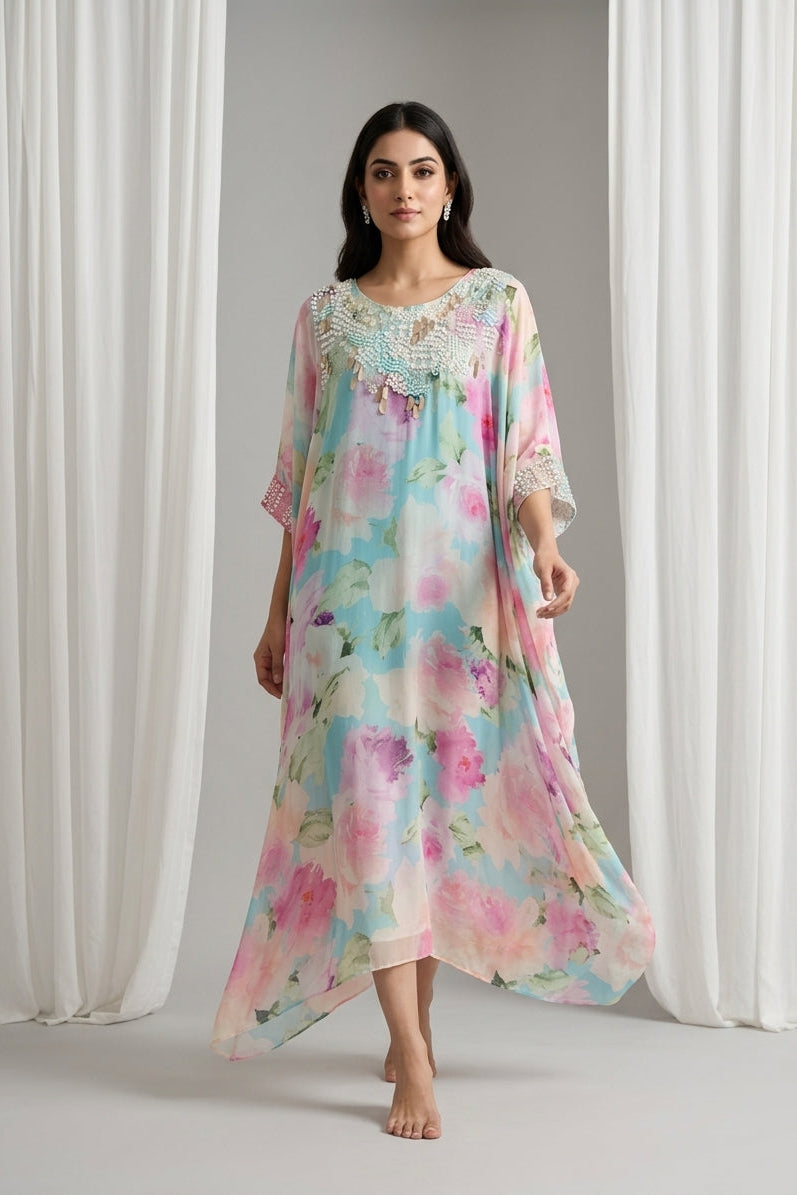 Aqua Blue Embellished Georgette Kaftan Tunic