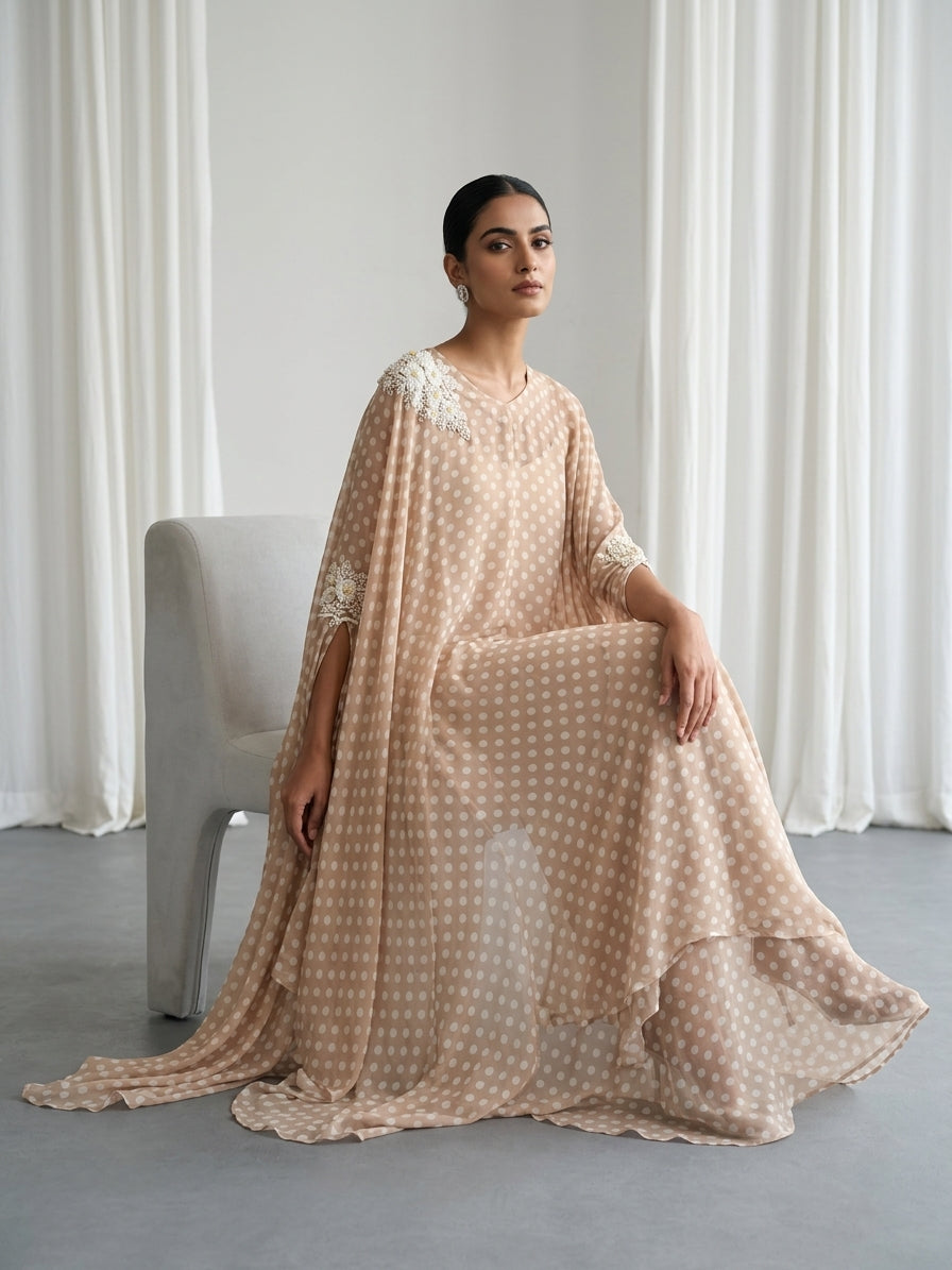 Beige Polka Embellished Georgette Kaftan Tunic