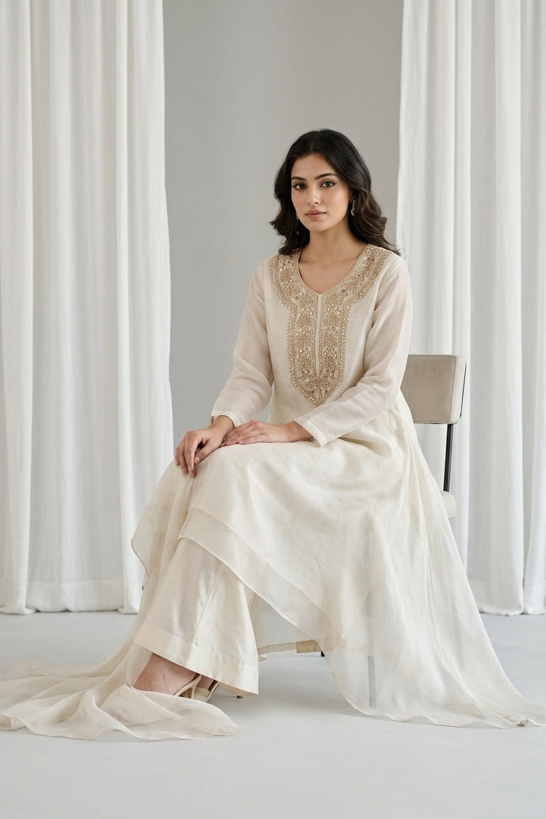Ivory Embroidered Organza Kaftan Tunic