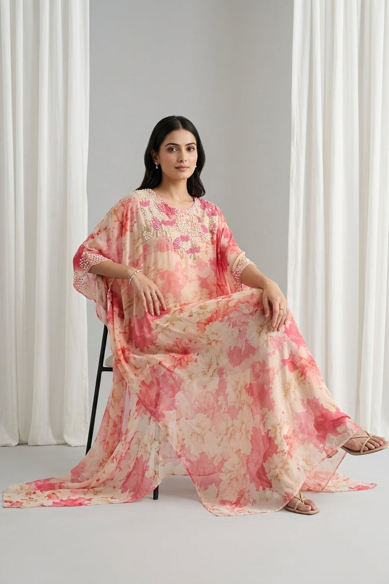 Coral Pink Embellished Georgette Kaftan Tunic