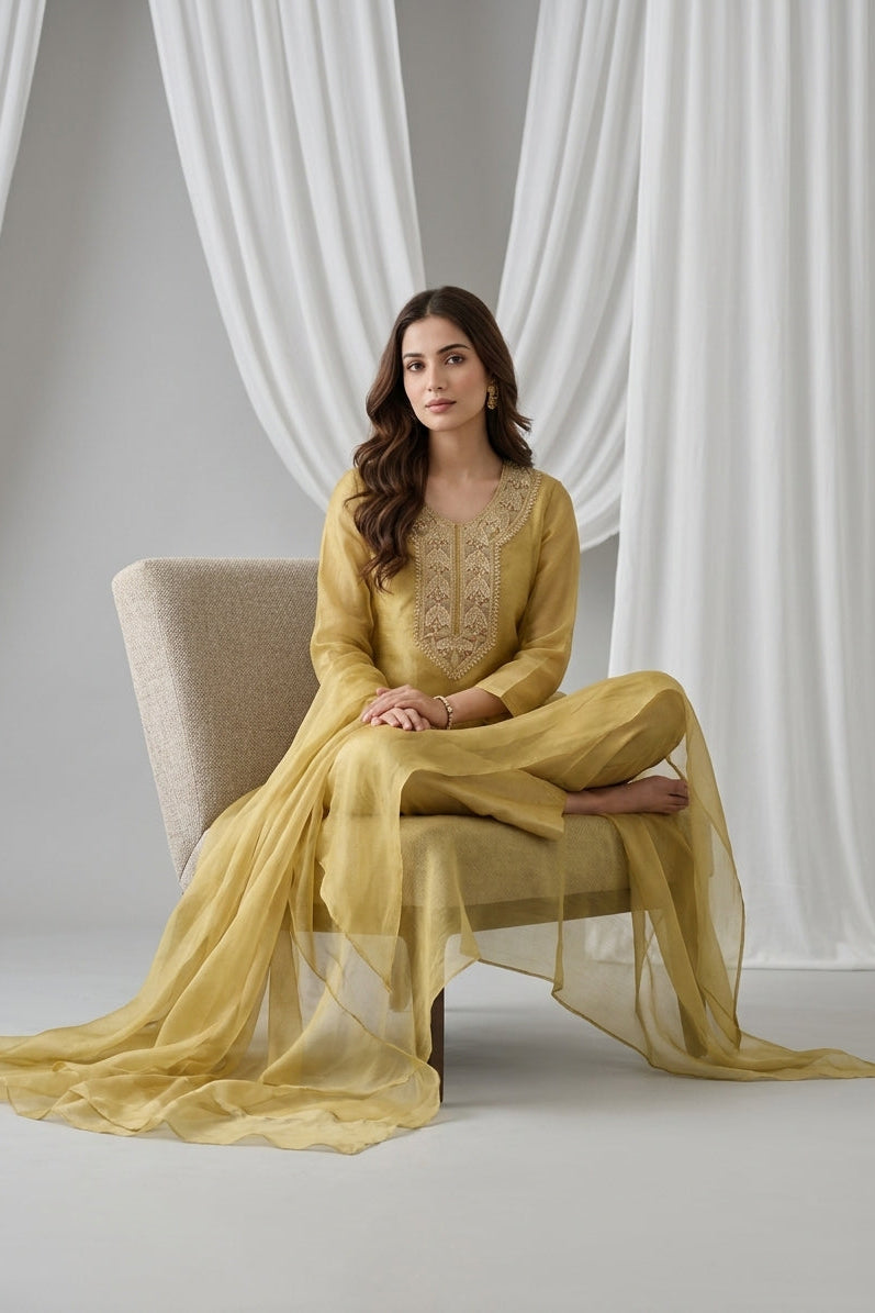 Muted Gold Embellished Organza Kurta Tunic