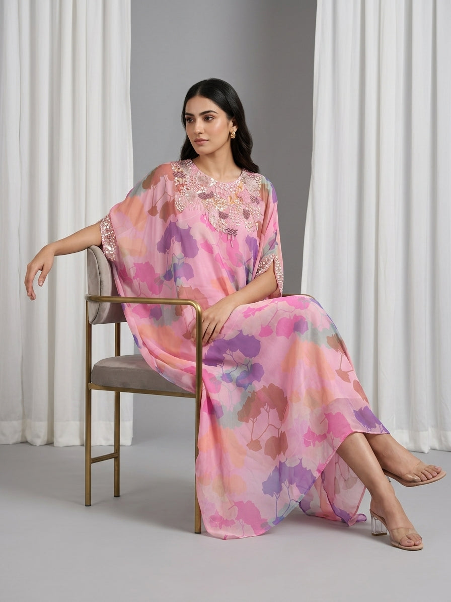 Multicolor Embellished Georgette Kaftan Tunic