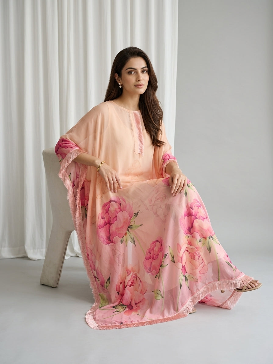 Peach Floral Printed Georgette Kaftan Tunic