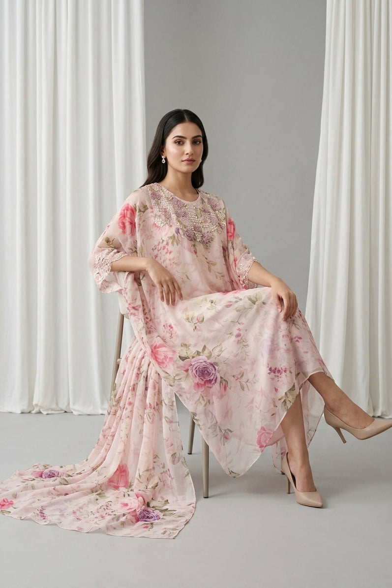 Blush Lilac Embellished Georgette Kaftan Tunic