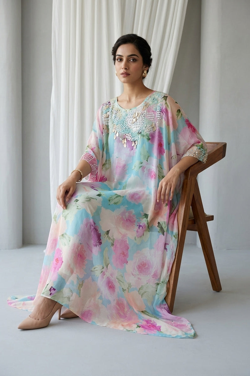 Aqua Blue Embellished Georgette Kaftan Tunic
