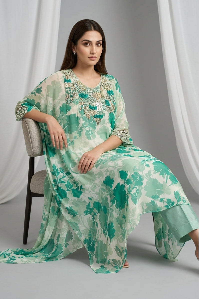 Mint Teal Embellished Georgette Kaftan Tunic