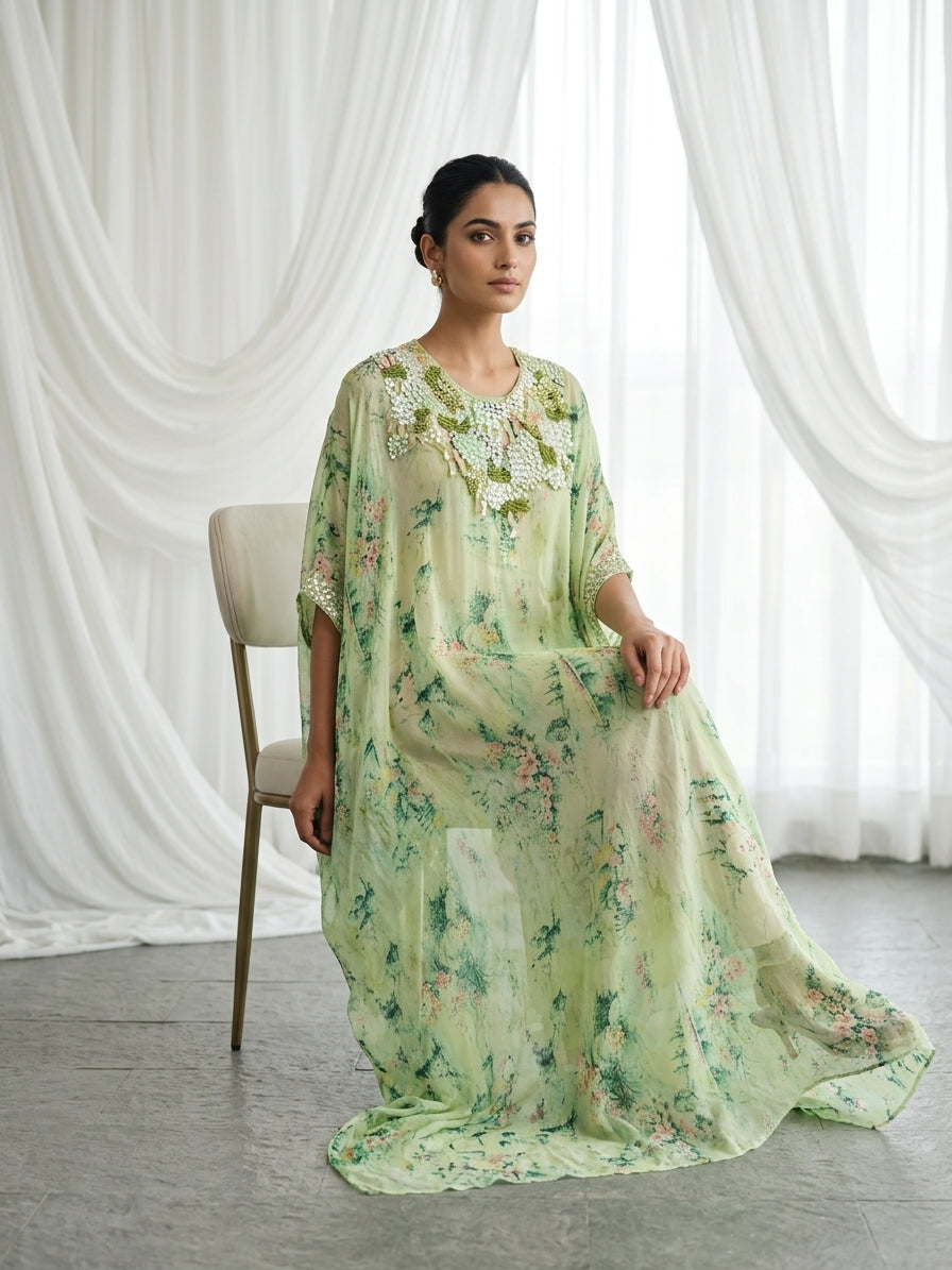 Mint Green Printed Georgette Kaftan Tunic