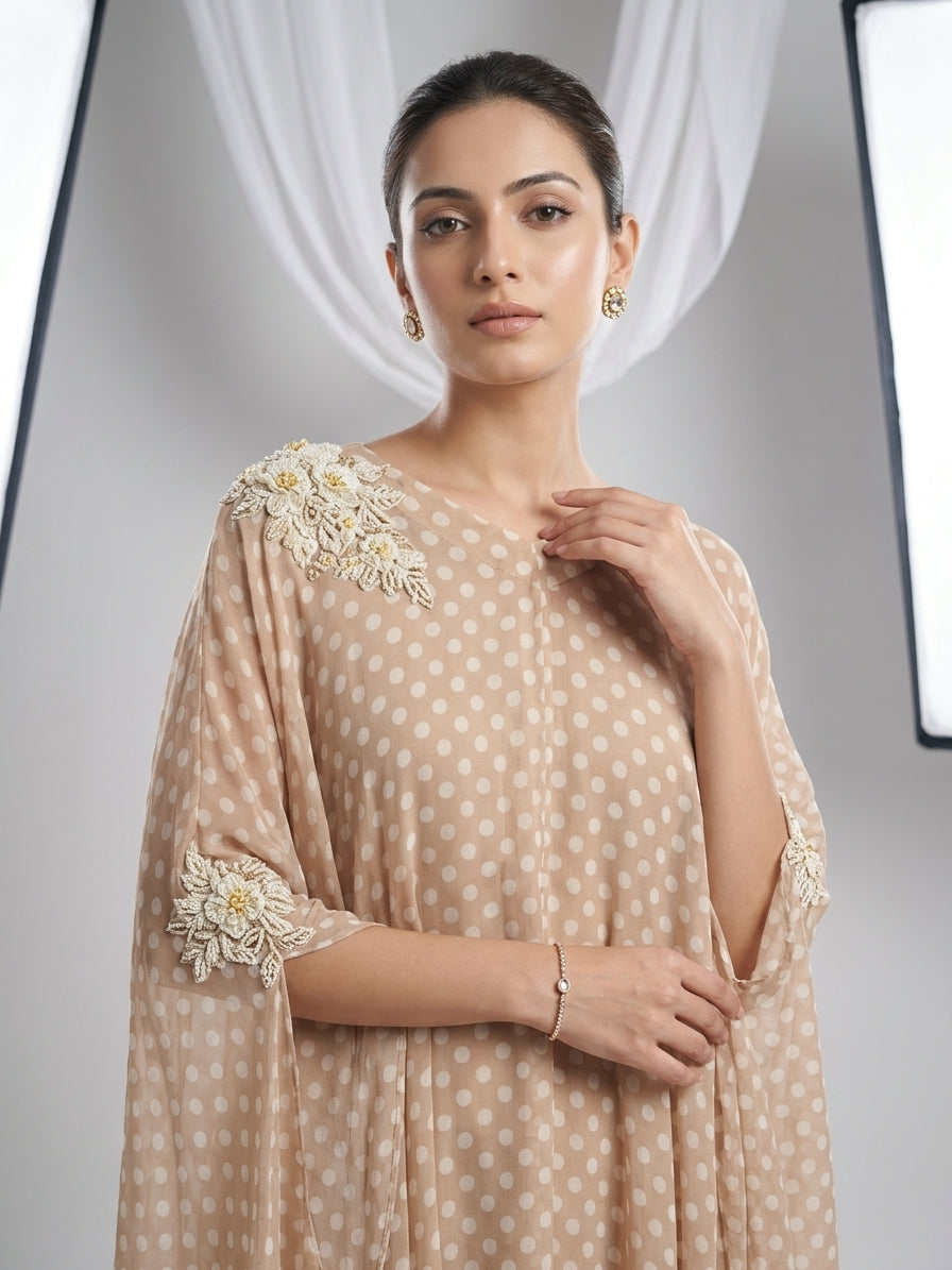 Beige Polka Embellished Georgette Kaftan Tunic