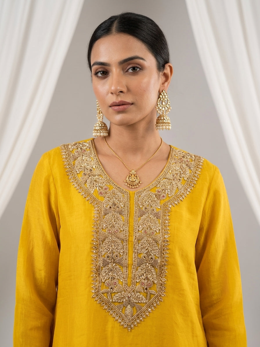 Bright Yellow Embroidered Organza Kurta Tunic