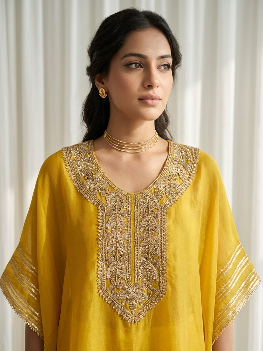 Canary Yellow Embroidered Organza Kaftan Tunic