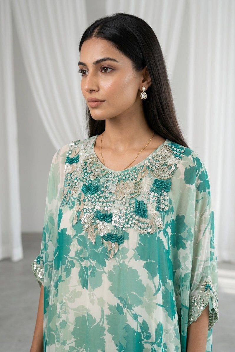 Mint Teal Embellished Georgette Kaftan Tunic