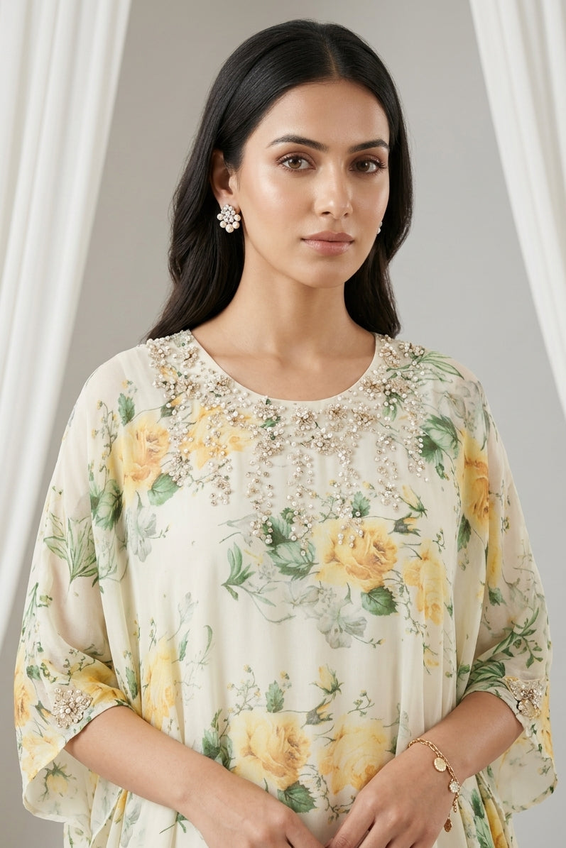Ivory Yellow Embellished Georgette Kaftan Tunic