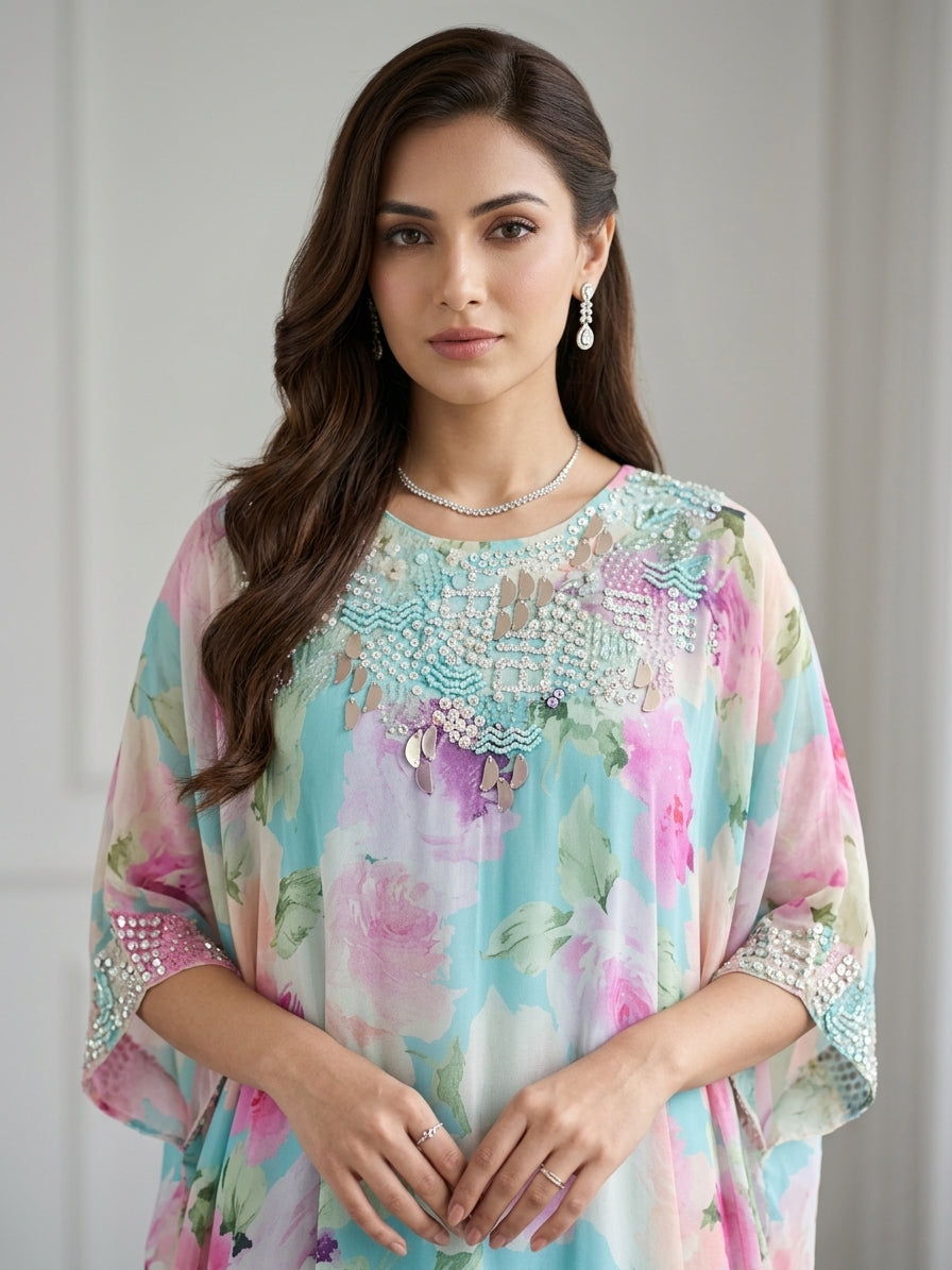 Aqua Blue Embellished Georgette Kaftan Tunic