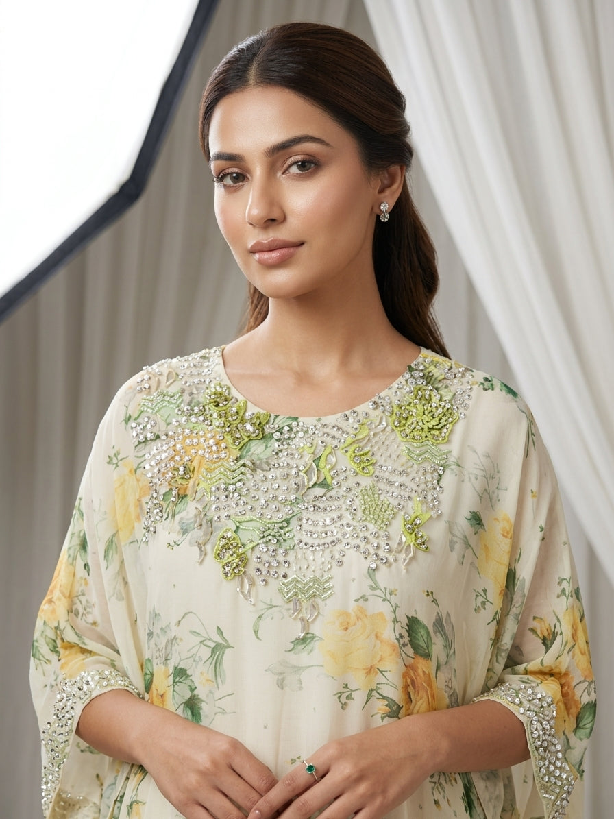 Butter Yellow Embellished Georgette Kaftan Tunic