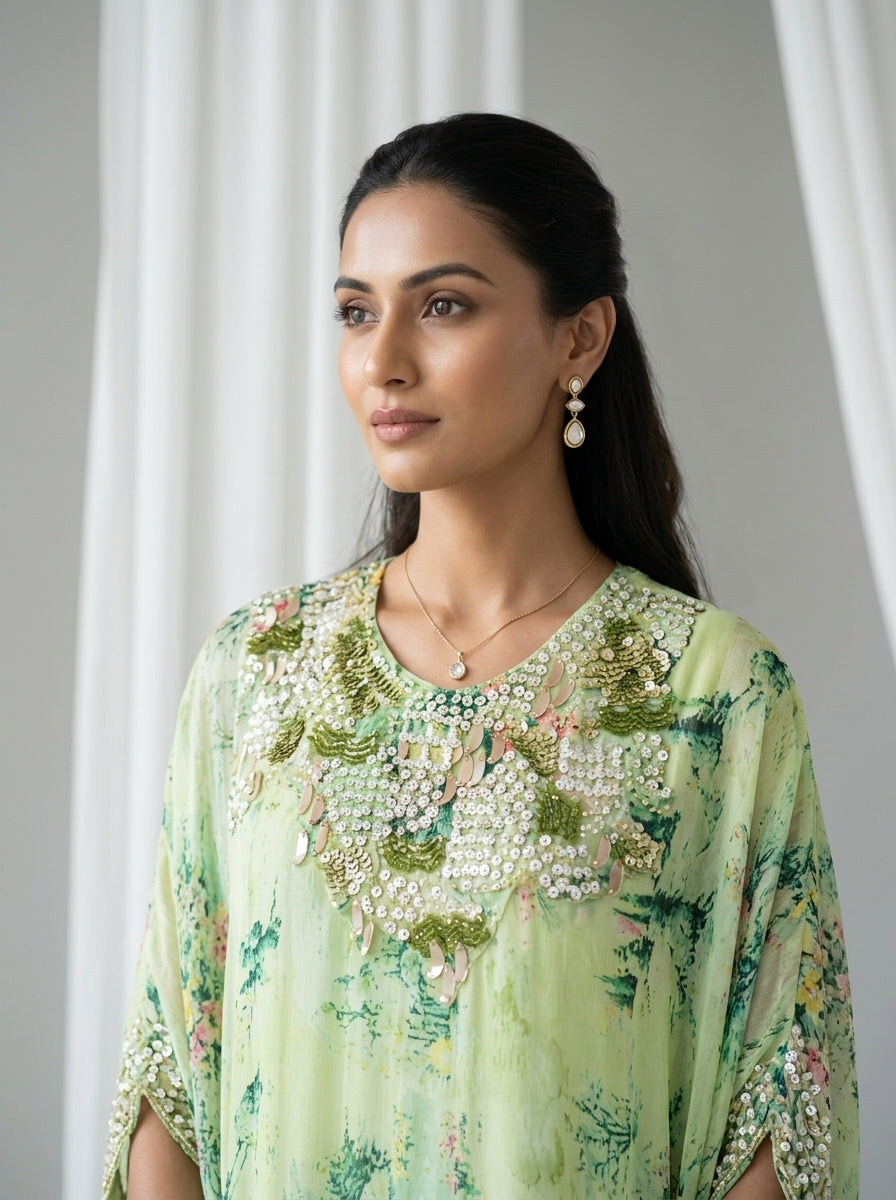 Mint Green Printed Georgette Kaftan Tunic