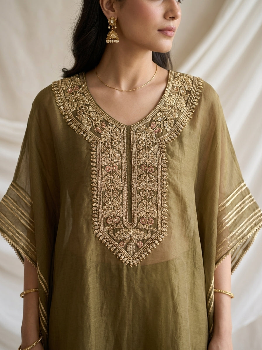 Olive Embroidered Organza Kaftan Tunic