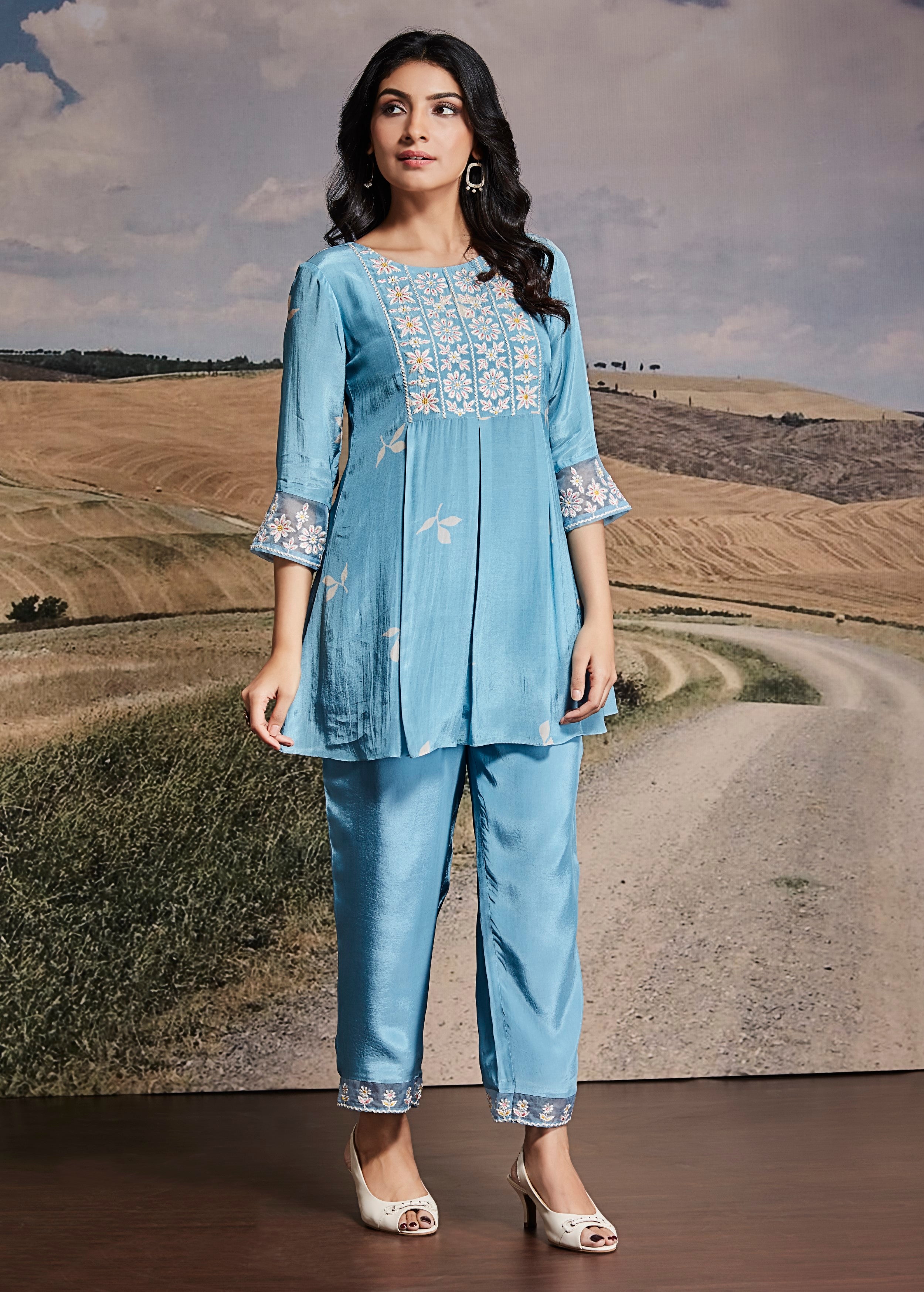 Serene Blue Embroidered Premium Silk Co-Ord Set