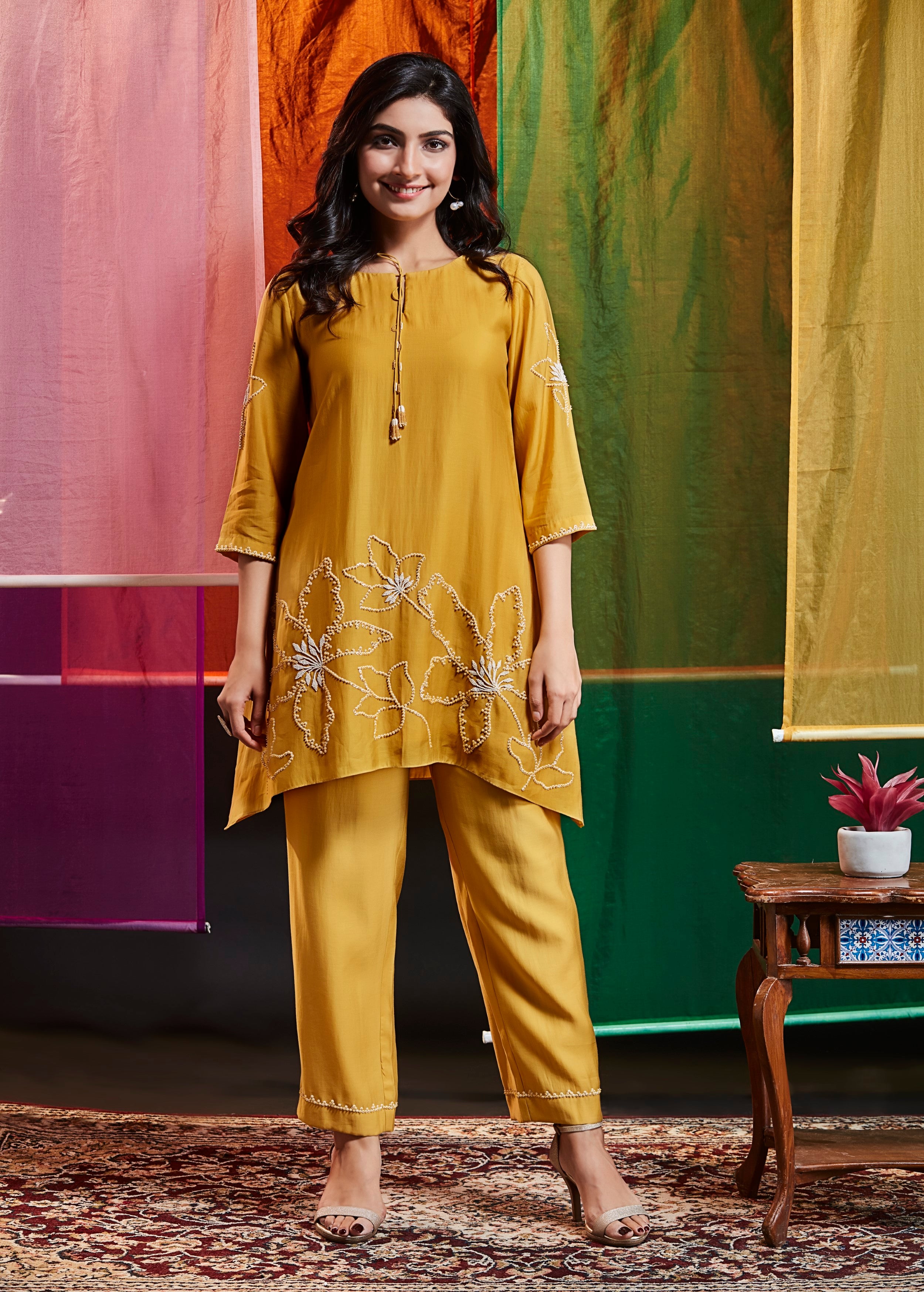 Golden Yellow Embellished Muslin Silk Co-Ord Set