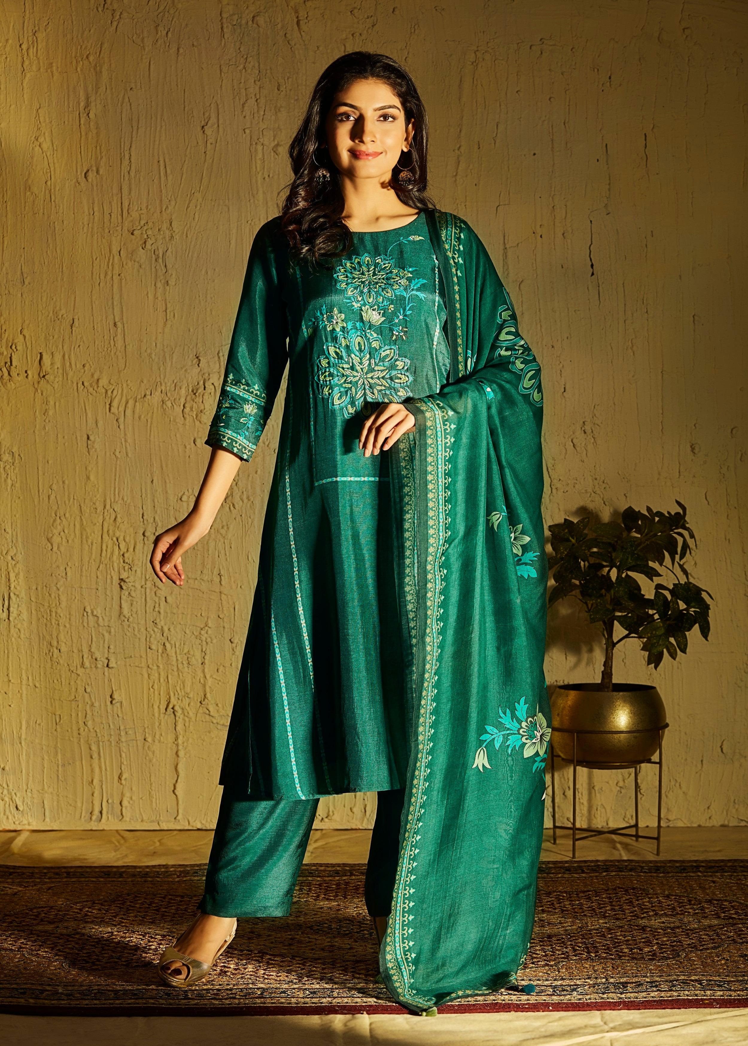Emerald Green Embroidered Muslin Silk Pant Set