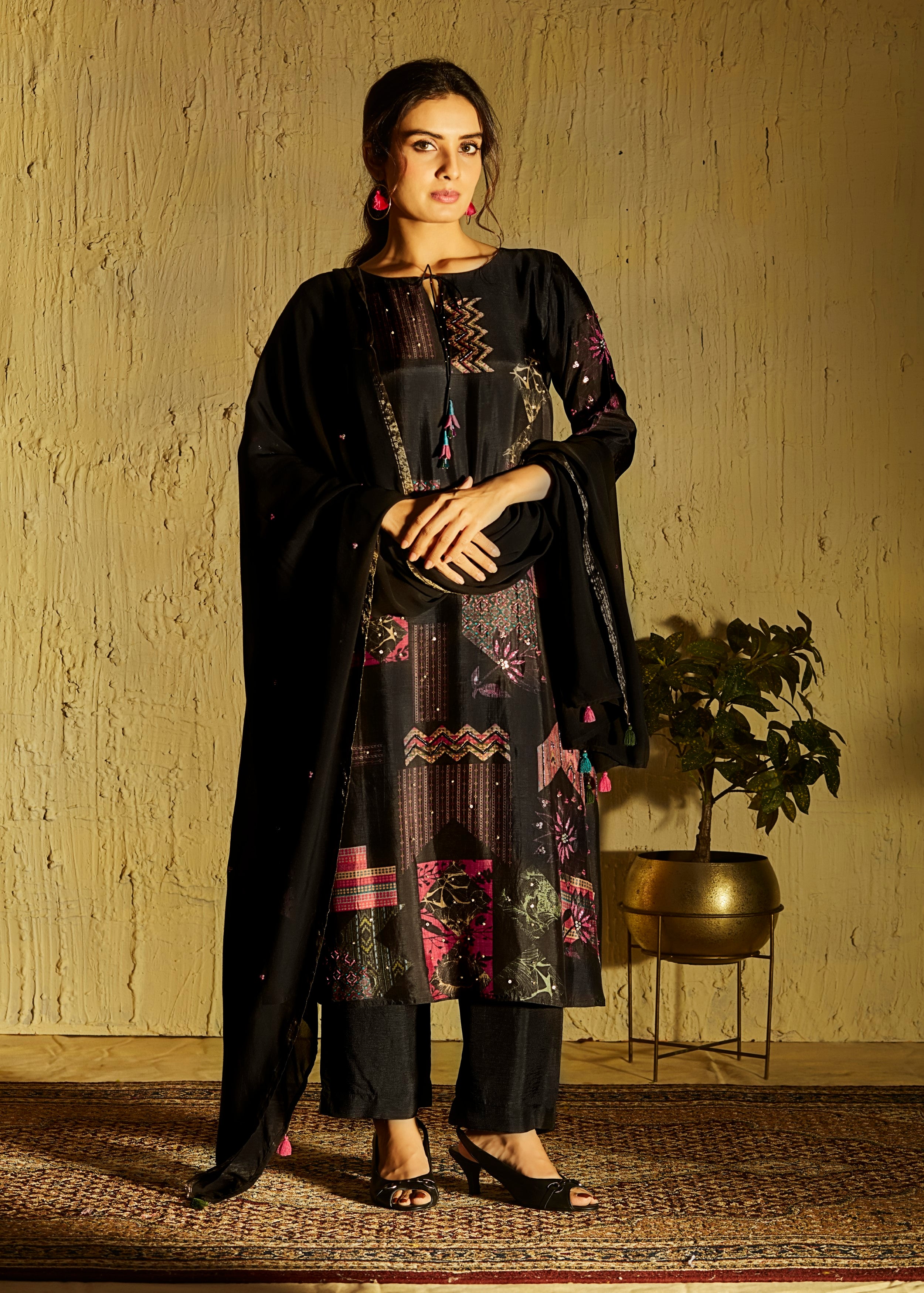 Classic Black Printed Muslin Silk Pant Set