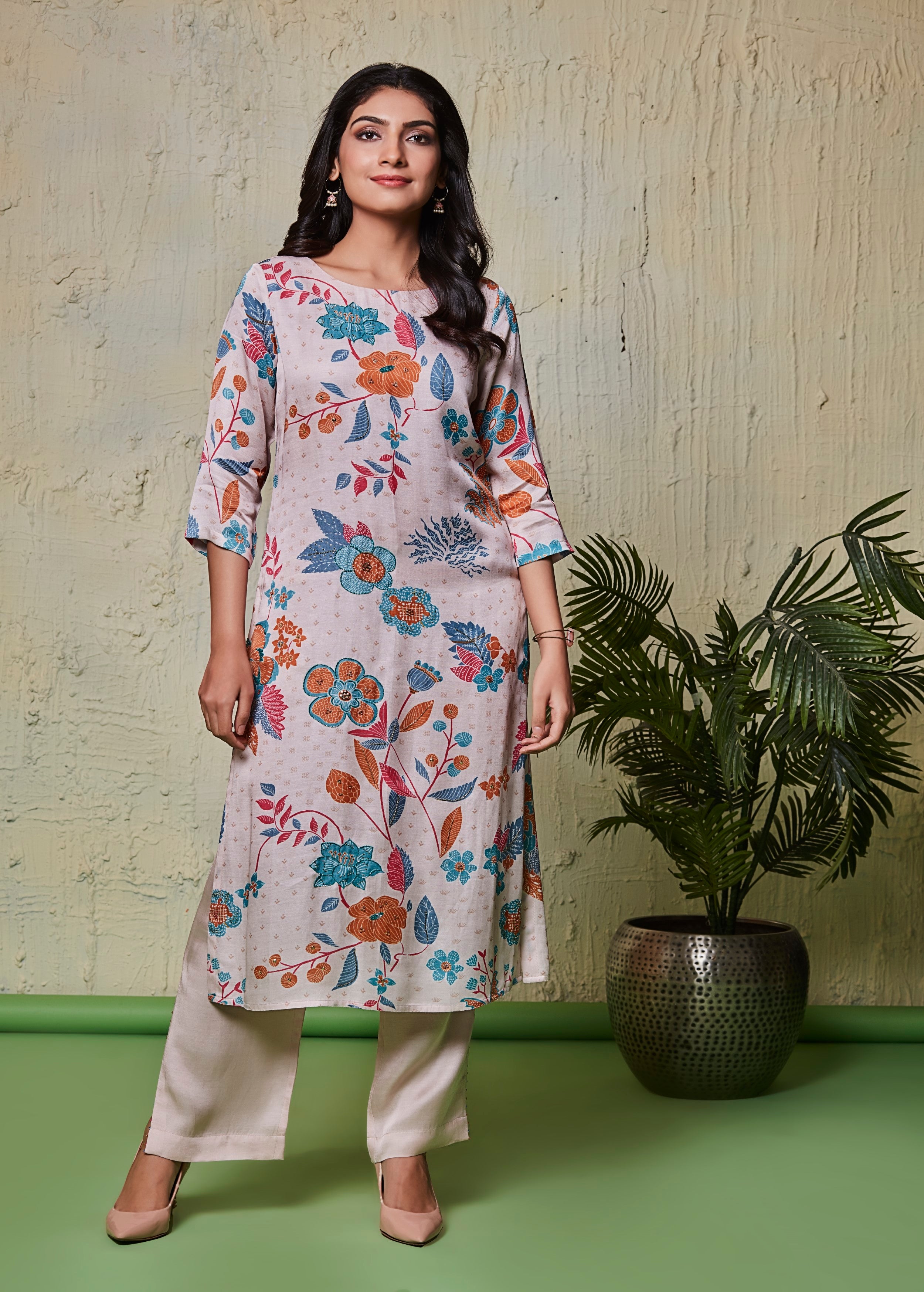 Off-White Printed Raw Silk Kurta Set