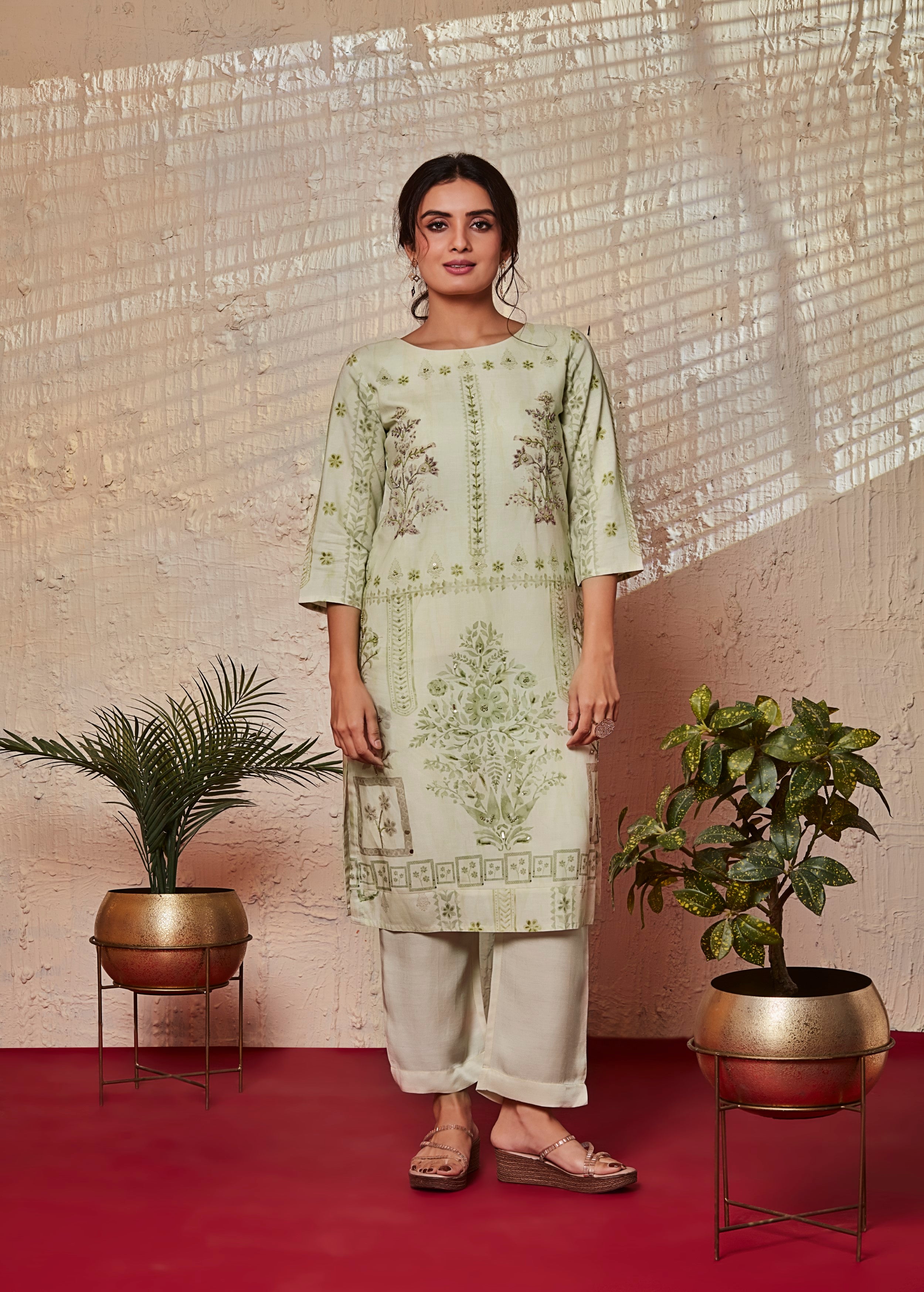 Pistachio Printed Muslin Silk Kurta Set