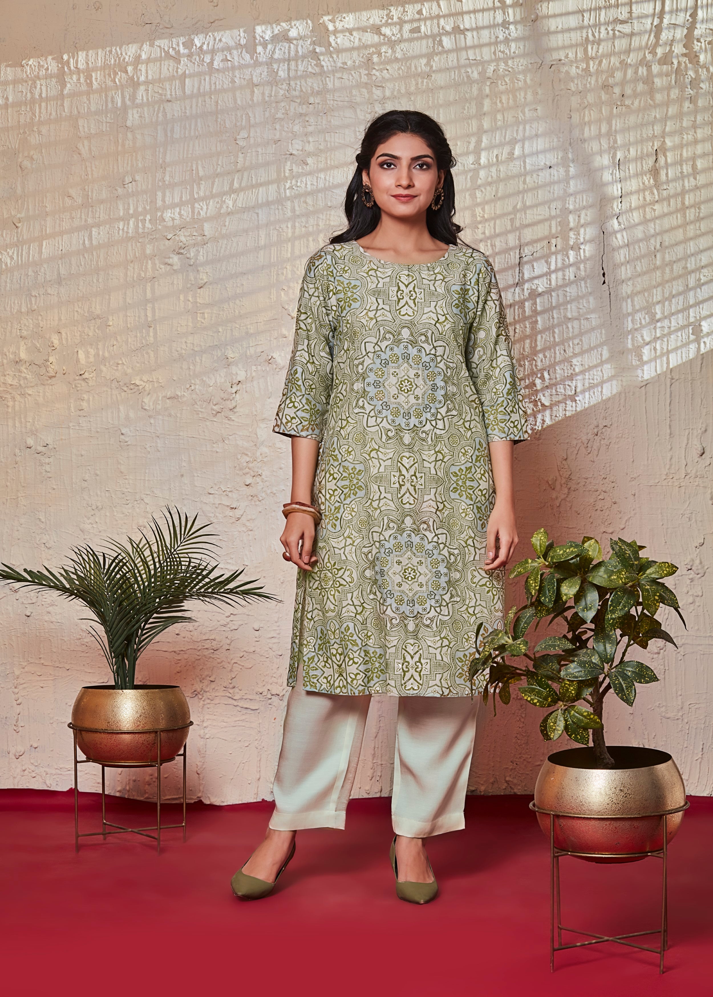 Sage Green Printed Muslin Silk Kurta Set